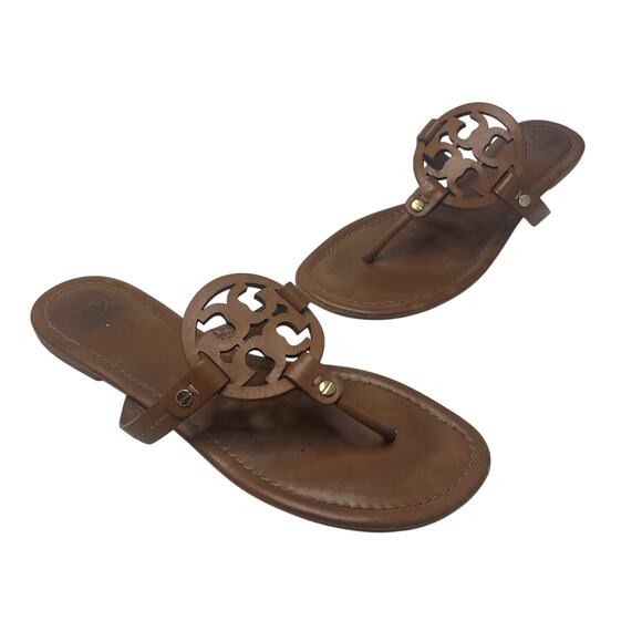Tory Burch Miller Sandals Womens Size 11 M Thong Vintage Vachetta Logo Medallion - Picture 1 of 10